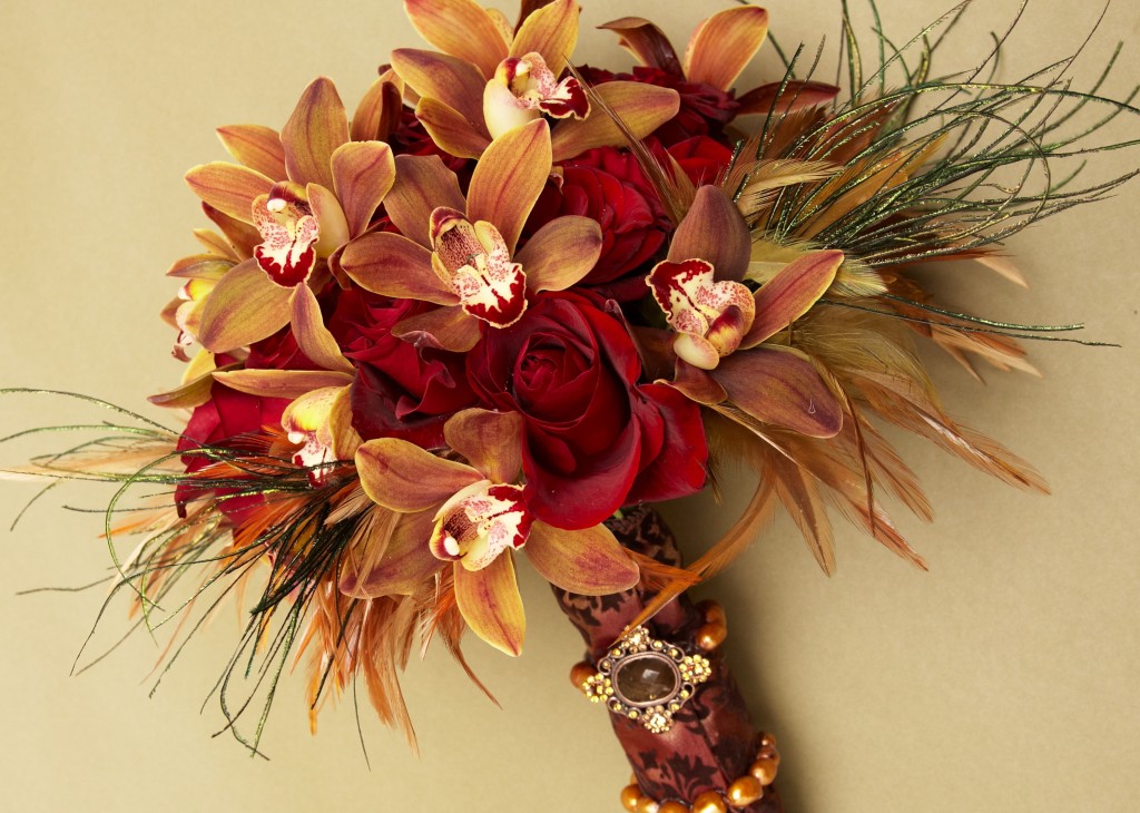 Cymbidium Orchid Red Roses and Feather Bridal Bouquet